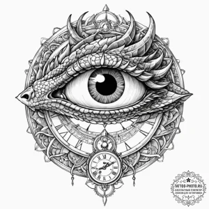 Tattoo sketch, dragon's eye timepiece, a fier... - эскиз тату (№1752397078_0, 13.07.2025 08:57) — tattoo-photo.ru