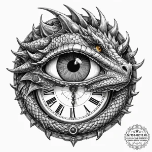 Tattoo sketch, dragon's eye timepiece, a fier... - эскиз тату (№1752404482_0, 13.07.2025 11:01) — tattoo-photo.ru