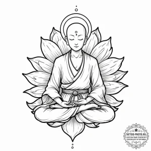 Tattoo sketch, zen robot monk, a serene, mini... - эскиз тату (№1752404979_0, 13.07.2025 11:09) — tattoo-photo.ru