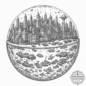 Tattoo sketch, microcosmic metropolis, a tiny... - эскиз тату (№1752405214_0, 13.07.2025 11:13) — tattoo-photo.ru