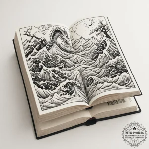 Tattoo sketch, hidden city in a book, an open... - эскиз тату (№1752405947_0, 13.07.2025 11:25) — tattoo-photo.ru
