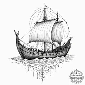 Tattoo sketch, viking ship, data sails, a tra... - эскиз тату (№1752407435_0, 13.07.2025 11:50) — tattoo-photo.ru