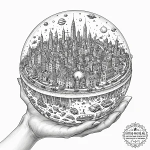Tattoo sketch, microcosmic metropolis, a tiny... - эскиз тату (№1752407777_0, 13.07.2025 11:56) — tattoo-photo.ru