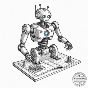 Tattoo sketch, quirky robot architect, a smal... - эскиз тату (№1752409999_0, 13.07.2025 12:33) — tattoo-photo.ru