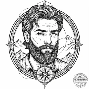 Tattoo sketch, bearded man with a compass tat... - эскиз тату (№1752410585_0, 13.07.2025 12:43) — tattoo-photo.ru
