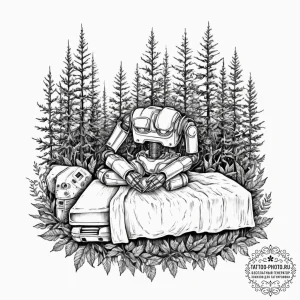 Tattoo sketch, humanoid robot's dream, a slee... - эскиз тату (№1752420804_0, 13.07.2025 15:33) — tattoo-photo.ru