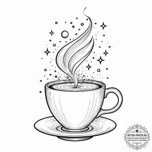 Tattoo sketch, cosmic coffee cup: a steaming... - эскиз тату (№1752421316_0, 13.07.2025 15:41) — tattoo-photo.ru