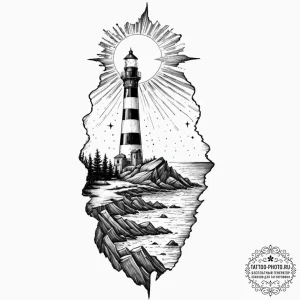 Tattoo sketch, weathered lighthouse, cosmic b... - эскиз тату (№1752424290_0, 13.07.2025 16:31) — tattoo-photo.ru