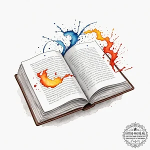 Tattoo sketch, open book, evolving narrative,... - эскиз тату (№1752426158_0, 13.07.2025 17:02) — tattoo-photo.ru