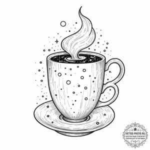 Tattoo sketch, cosmic coffee cup: a steaming... - эскиз тату (№1752426764_0, 13.07.2025 17:12) — tattoo-photo.ru