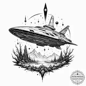 Tattoo sketch, starship graveyard, cosmic blo... - эскиз тату (№1752427109_0, 13.07.2025 17:18) — tattoo-photo.ru