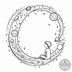 Tattoo sketch, inner child's cosmos, a styliz... - эскиз тату (№1752431781_0, 13.07.2025 18:36) — tattoo-photo.ru