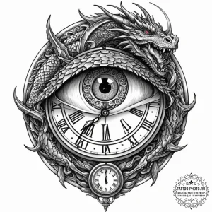Tattoo sketch, dragon's eye timepiece, a fier... - эскиз тату (№1752431865_0, 13.07.2025 18:37) — tattoo-photo.ru