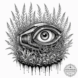 Tattoo sketch, watcher in the weeds (robot ey... - эскиз тату (№1752432381_0, 13.07.2025 18:46) — tattoo-photo.ru