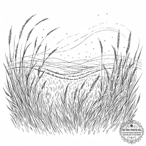 Tattoo sketch, wind-swept grass, data ripples... - эскиз тату (№1752435407_0, 13.07.2025 19:36) — tattoo-photo.ru