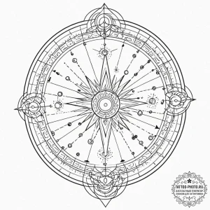 Tattoo sketch, sundial, cosmic shadows, a tra... - эскиз тату (№1752436366_0, 13.07.2025 19:52) — tattoo-photo.ru