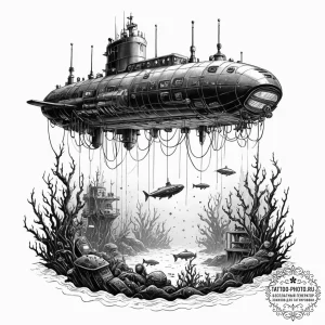 Tattoo sketch, deep sea data mine, a submarin... - эскиз тату (№1752439737_0, 13.07.2025 20:48) — tattoo-photo.ru