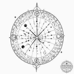 Tattoo sketch, sundial, cosmic shadows, a tra... - эскиз тату (№1752440813_0, 13.07.2025 21:06) — tattoo-photo.ru
