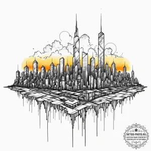 Tattoo sketch, eternal sunset over glitch cit... - эскиз тату (№1752440897_0, 13.07.2025 21:08) — tattoo-photo.ru
