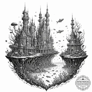 Tattoo sketch, undersea luminous city (bio-di... - эскиз тату (№1752441582_0, 13.07.2025 21:19) — tattoo-photo.ru
