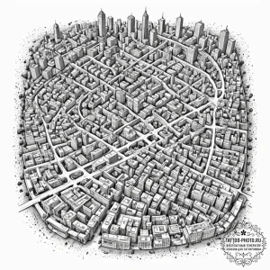 Tattoo sketch, maze of modern life, a complex... - эскиз тату (№1752444109_0, 13.07.2025 22:01) — tattoo-photo.ru