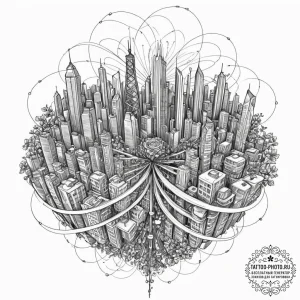 Tattoo sketch, sprawling smart city bloom, an... - эскиз тату (№1752446128_0, 13.07.2025 22:35) — tattoo-photo.ru