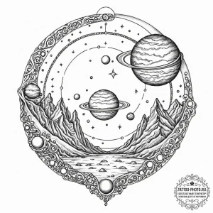 Tattoo sketch, portal-pocked planet, a styliz... - эскиз тату (№1752446709_0, 13.07.2025 22:45) — tattoo-photo.ru