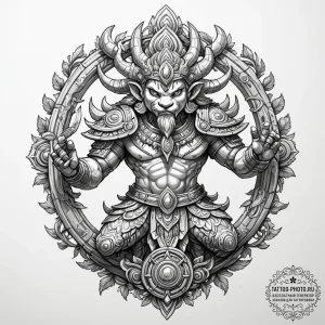 Tattoo sketch, yaksha guardian, digital armor... - эскиз тату (№1752449485_0, 13.07.2025 23:31) — tattoo-photo.ru