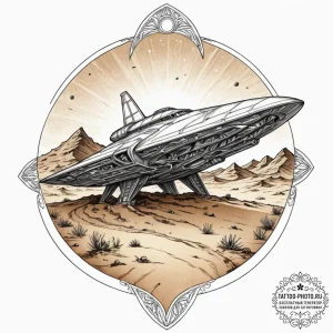 Tattoo sketch, forgotten spaceship in the des... - эскиз тату (№1752452514_0, 14.07.2025 00:21) — tattoo-photo.ru
