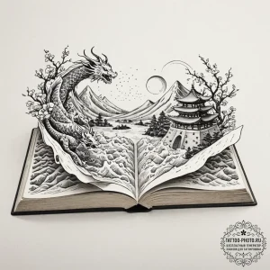 Tattoo sketch, hidden city in a book, an open... - эскиз тату (№1752453259_0, 14.07.2025 00:34) — tattoo-photo.ru