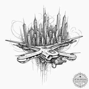 Tattoo sketch, kinetic cityscape drone, a sle... - эскиз тату (№1752454011_0, 14.07.2025 00:46) — tattoo-photo.ru