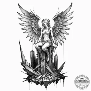 Tattoo sketch, apocalyptic angel with broken... - эскиз тату (№1752455439_0, 14.07.2025 01:10) — tattoo-photo.ru