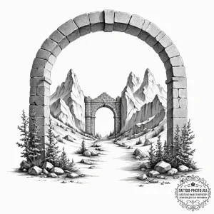 Tattoo sketch, an archway opening to a surrea... - эскиз тату (№1752460550_0, 14.07.2025 02:35) — tattoo-photo.ru