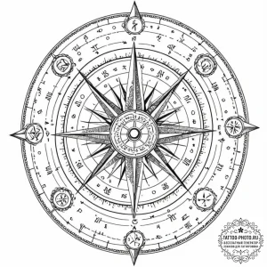 Tattoo sketch, zodiac compass rose, galactic... - эскиз тату (№1752463077_0, 14.07.2025 03:17) — tattoo-photo.ru