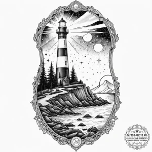 Tattoo sketch, haunted lighthouse, cosmic bea... - эскиз тату (№1752464516_0, 14.07.2025 03:41) — tattoo-photo.ru