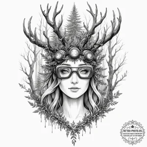 Tattoo sketch, forest spirit with vr goggles,... - эскиз тату (№1752466712_0, 14.07.2025 04:18) — tattoo-photo.ru