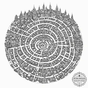 Tattoo sketch, maze of modern life, a complex... - эскиз тату (№1752466794_0, 14.07.2025 04:19) — tattoo-photo.ru
