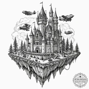 Tattoo sketch, flying fortress of dreams, a m... - эскиз тату (№1752466878_0, 14.07.2025 04:21) — tattoo-photo.ru