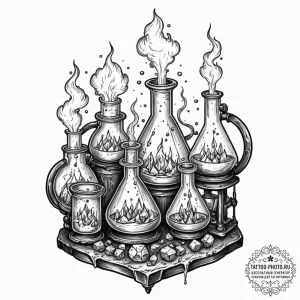 Tattoo sketch, alchemist's lab, intricately d... - эскиз тату (№1752466962_0, 14.07.2025 04:22) — tattoo-photo.ru