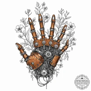 Tattoo sketch, overgrown robot hand, a detail... - эскиз тату (№1752467130_0, 14.07.2025 04:25) — tattoo-photo.ru