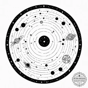 Tattoo sketch, vinyl record, cosmic grooves,… — эскиз тату (№1752468470_0, 14.07.2025 04:47) — tattoo-photo.ru