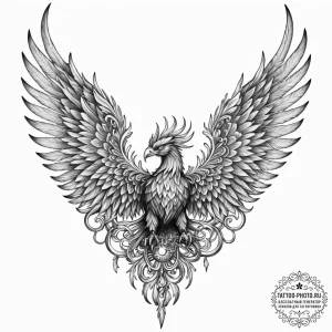 Tattoo sketch, fiery phoenix, cold steel wing... - эскиз тату (№1752469140_0, 14.07.2025 04:59) — tattoo-photo.ru