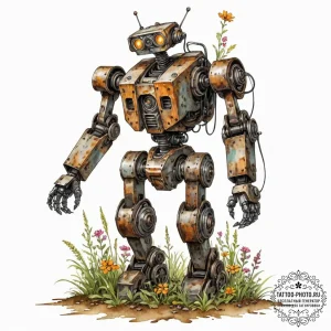 Tattoo sketch, rusted robot, reclaimed by rus... - эскиз тату (№1752469726_0, 14.07.2025 05:08) — tattoo-photo.ru