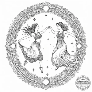 Tattoo sketch, joyful cosmic dance, two styli... - эскиз тату (№1752470640_0, 14.07.2025 05:24) — tattoo-photo.ru