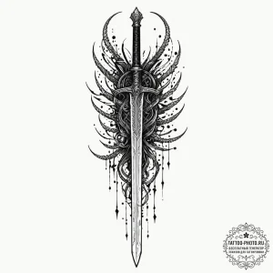 Tattoo sketch, warrior's blade, code-etched,... - эскиз тату (№1752470806_0, 14.07.2025 05:26) — tattoo-photo.ru