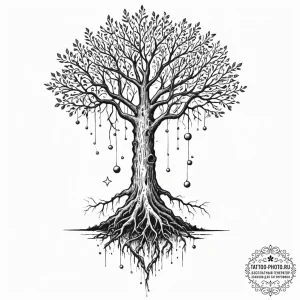 Tattoo sketch, upside-down reality tree, a ma... - эскиз тату (№1752471728_0, 14.07.2025 05:42) — tattoo-photo.ru
