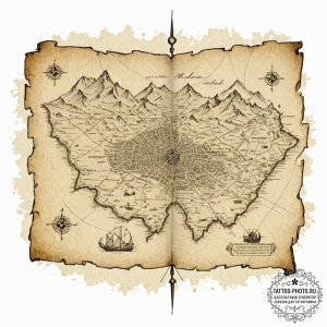 Tattoo sketch, old map, digital overlay, an a... - эскиз тату (№1752473071_0, 14.07.2025 06:04) — tattoo-photo.ru