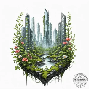 Tattoo sketch, urban utopia, bioluminescent o... - эскиз тату (№1752473491_0, 14.07.2025 06:11) — tattoo-photo.ru