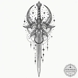 Tattoo sketch, zodiac sword, cosmic blade, a... - эскиз тату (№1752474249_0, 14.07.2025 06:24) — tattoo-photo.ru