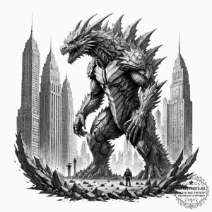 Tattoo sketch, kaiju cityscape guardian, a ma... - эскиз тату (№1752474500_0, 14.07.2025 06:28) — tattoo-photo.ru
